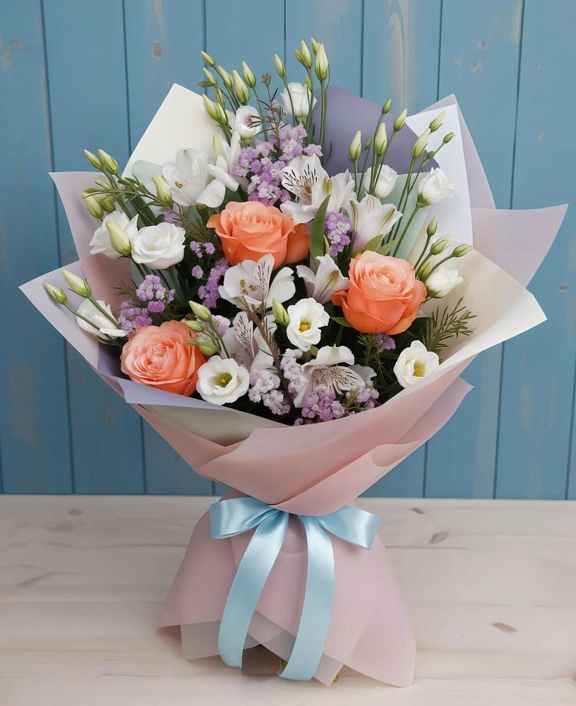 Букет цветов из: Лизиантусы, Розы, Альстромерии и Гипсофила в Беспятово