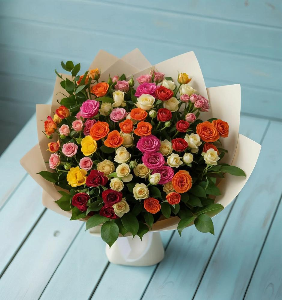 Букет Микс из разноцветных кустовых роз в Беспятово