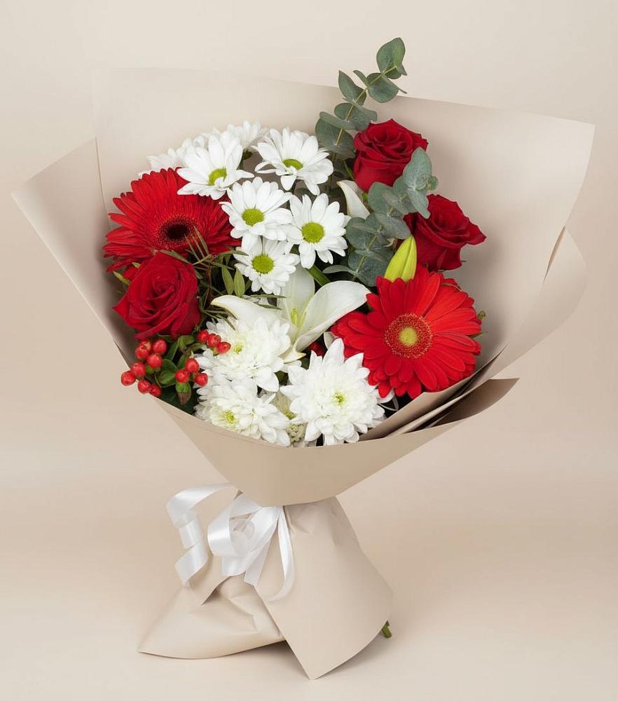 Букет цветов из: Розы, Хризантемы, Герберы и Лилии в Беспятово