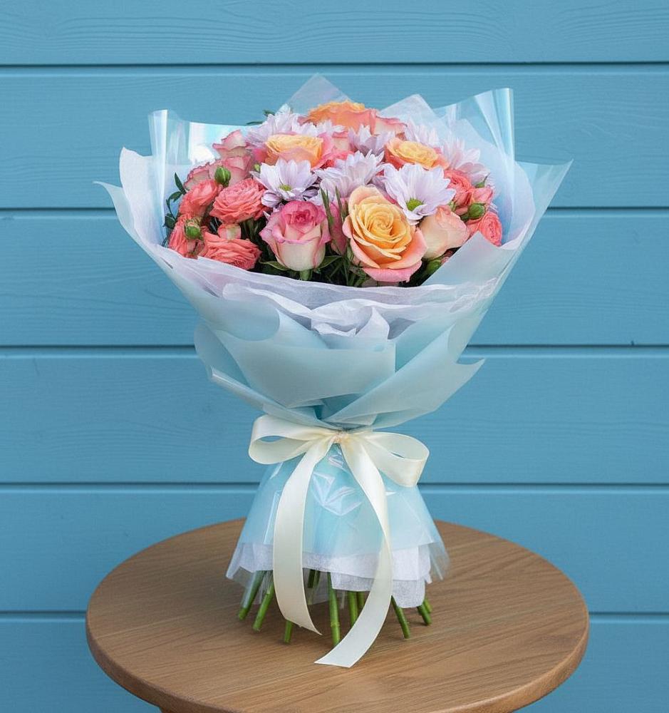 Букет цветов из: Хризантемы и Розы в Беспятово