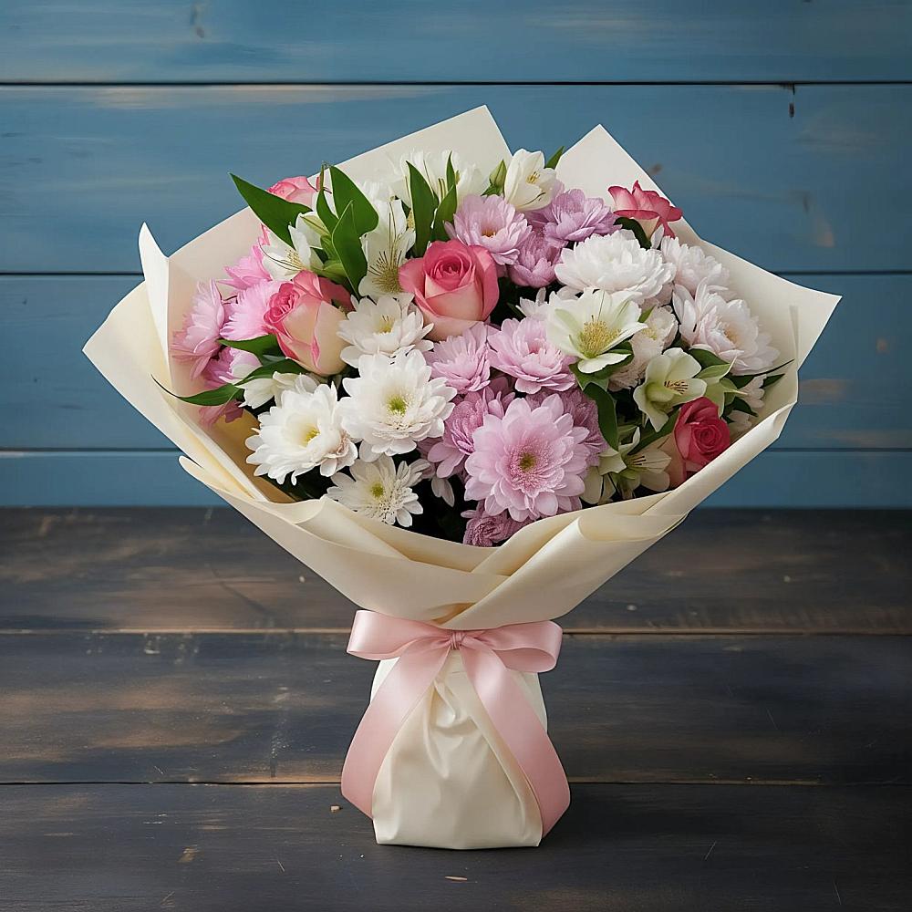 Букет цветов из: Хризантемы, Альстромерии и Розы в Беспятово